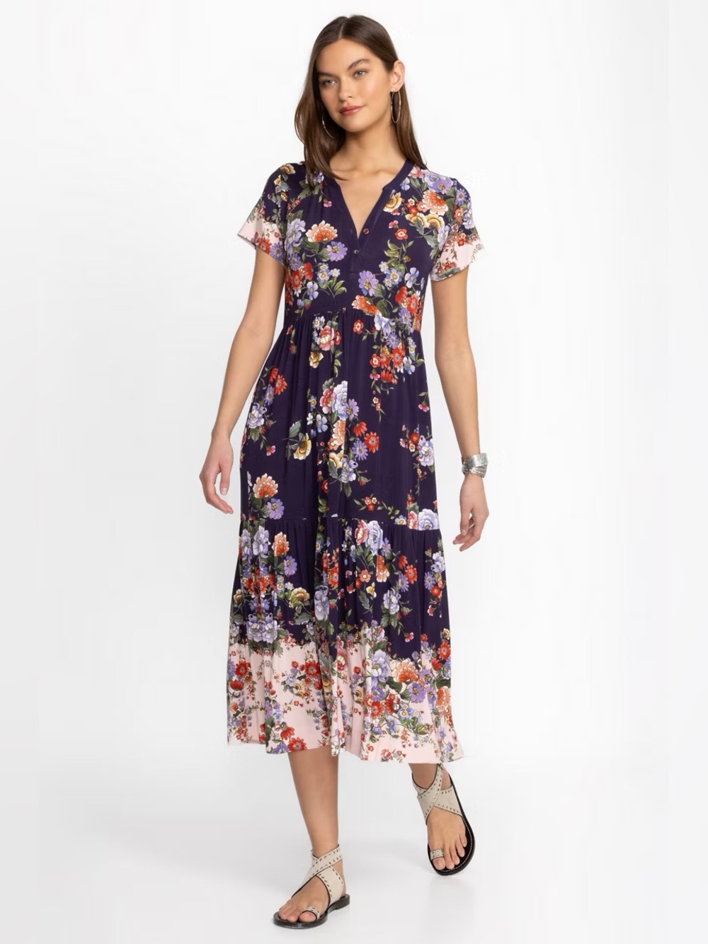 Johnny Was Elsa Favorite Henley Purple Floral Knit Tiered Midi Dress PXS